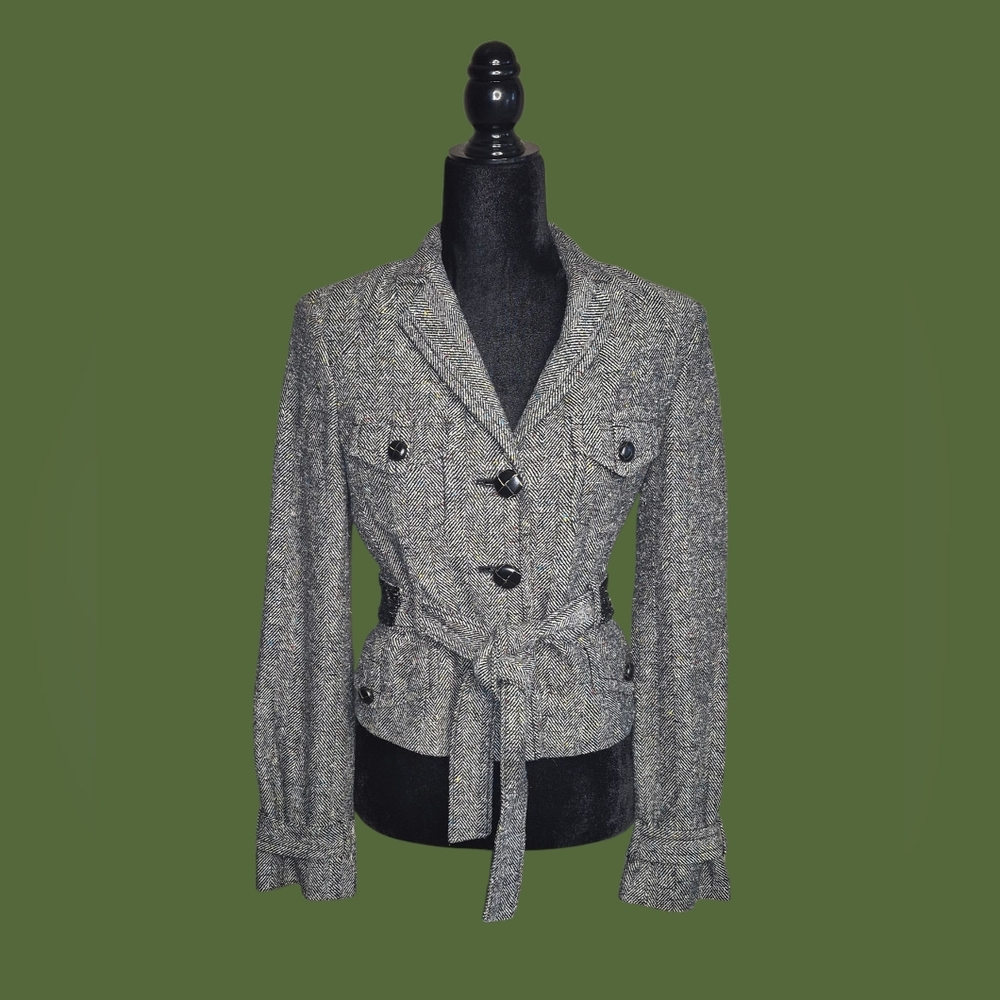 BCBGMAXAZRIA Women's Gray/black Multi-color Tweed Sequins Belted  Jacket, Size S